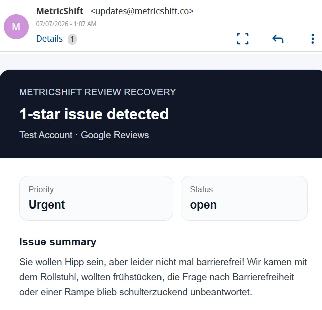 별 1개 문제가 감지되었음을 보여주는 MetricShift 낮은 평점 알림 이메일