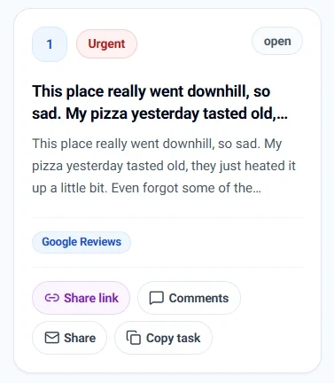 음식 품질 저하에 관한 Google 리뷰에서 생성된 MetricShift 긴급 회복 티켓
