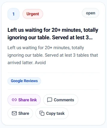 긴 대기 시간에 관한 Google 리뷰에서 생성된 MetricShift 긴급 회복 티켓