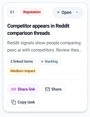 공개 비교 스레드의 경쟁사 언급에 관한 MetricShift 실행 티켓